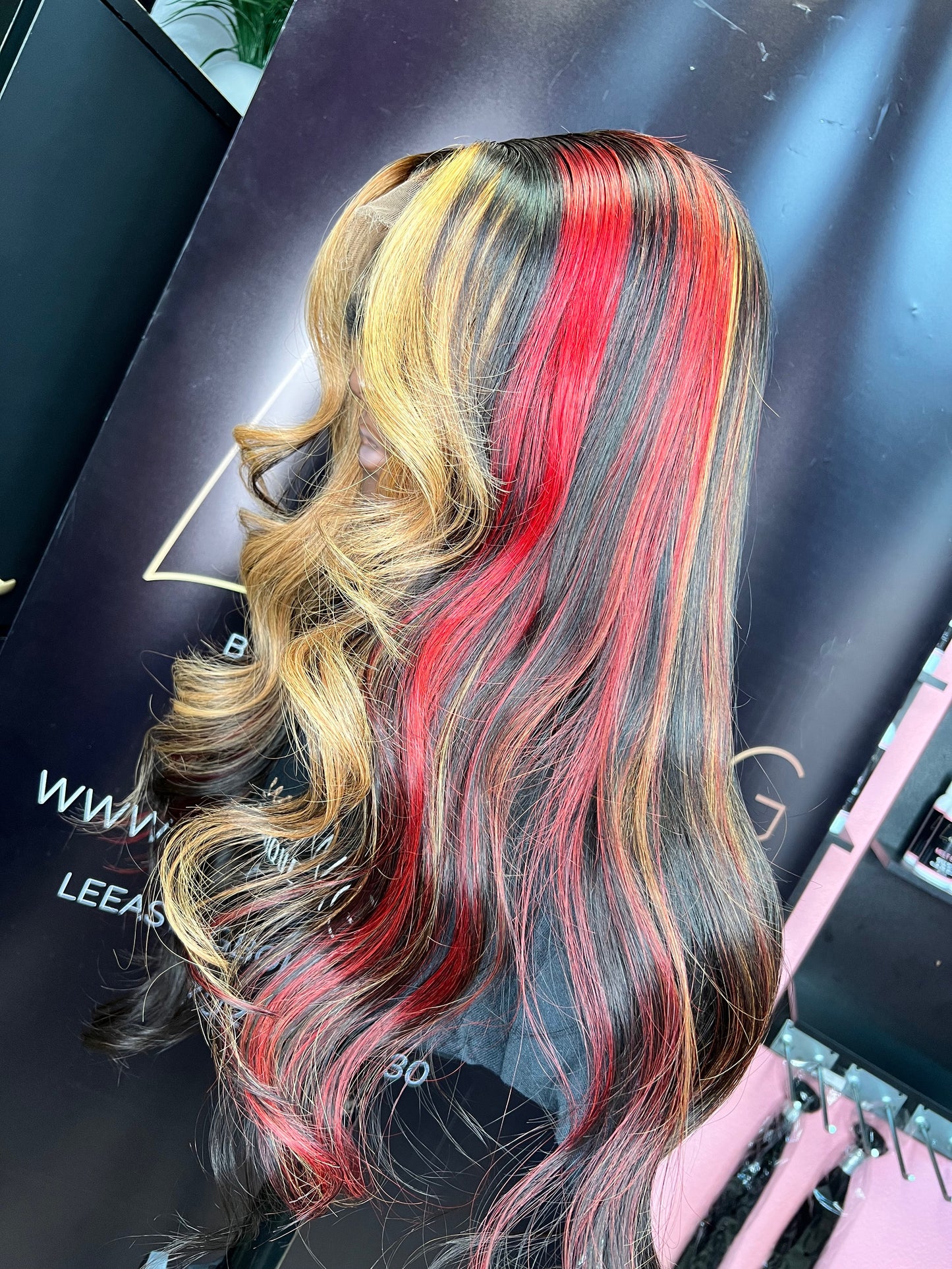 4X4 CLOSURE WIG 24 INCH HIGHLIGHTS RED/ BLONDE/ BLACK STRIPE