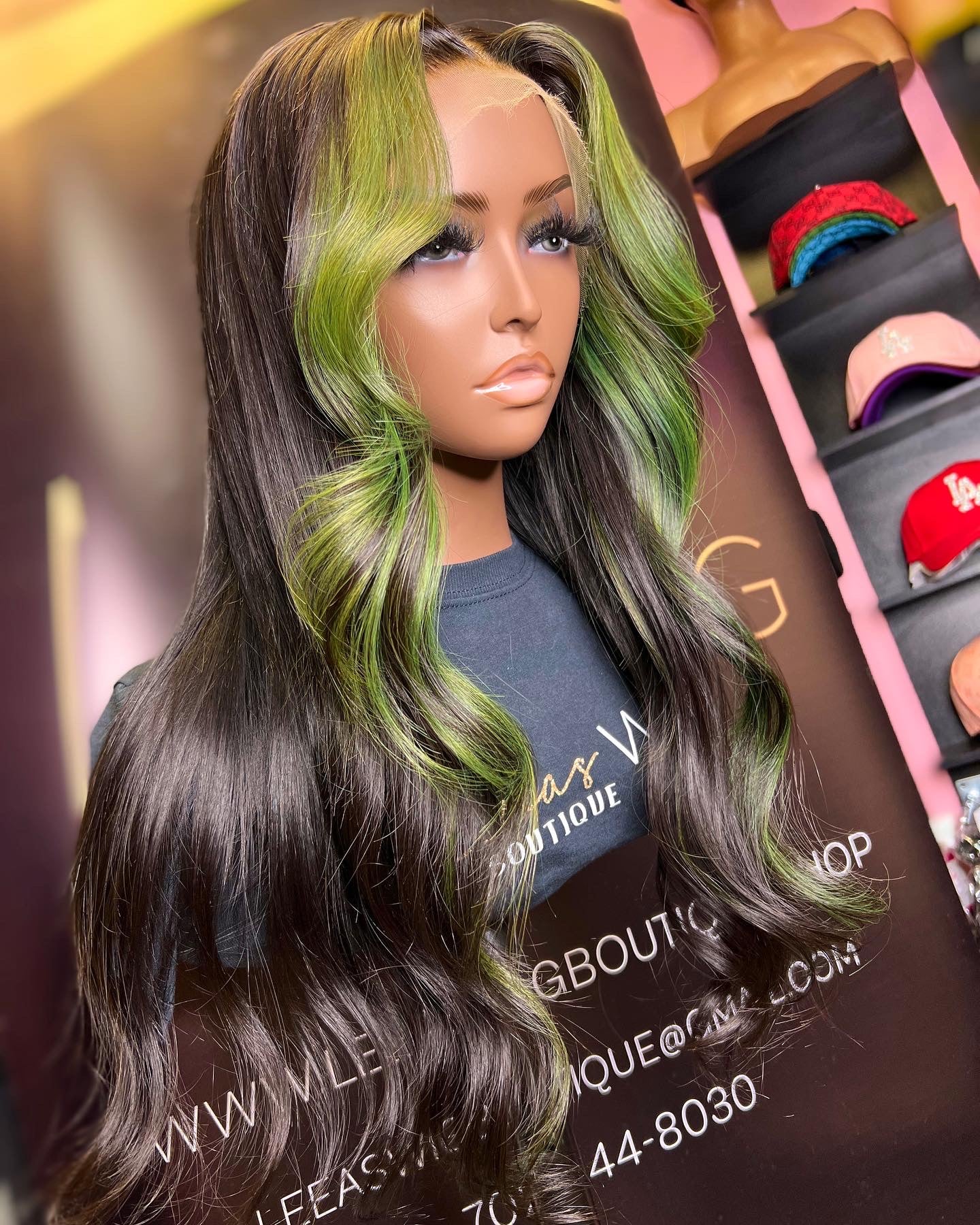 HD LACE FRONTAL WIG 20 Inch GREEN STRIPE/Natural Black