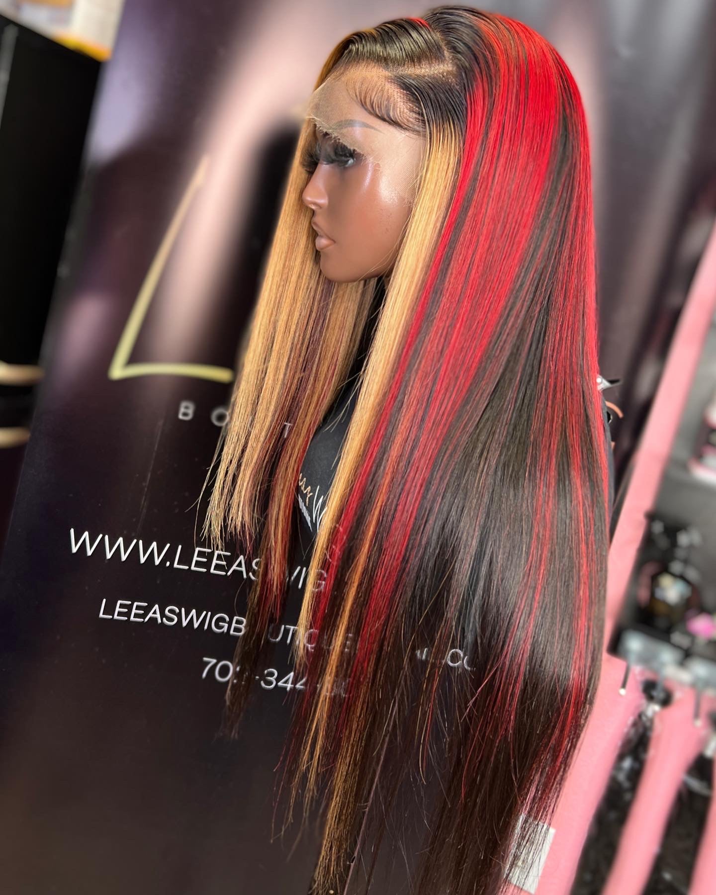 HD 24 INCH HIGHLIGHTS RED/ BLONDE/ BLACK STRIPE FRONTAL LACE WIG