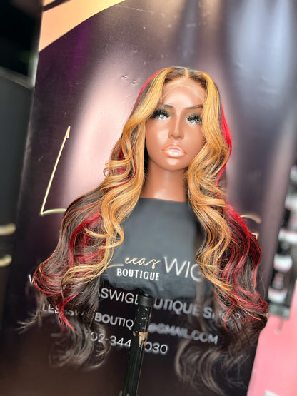 4X4 CLOSURE WIG 24 INCH HIGHLIGHTS RED/ BLONDE/ BLACK STRIPE