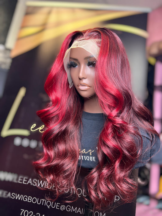 20 INCH FRONTAL DEEP BURGUNDY RED STRIPE LACE WIG