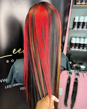 Load image into Gallery viewer, HD 24 INCH HIGHLIGHTS RED/ BLONDE/ BLACK STRIPE FRONTAL LACE WIG
