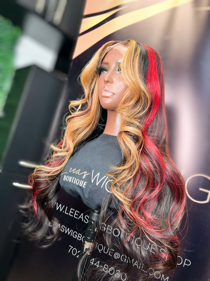 4X4 CLOSURE WIG 24 INCH HIGHLIGHTS RED/ BLONDE/ BLACK STRIPE