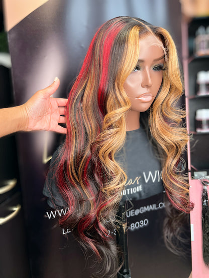 4X4 CLOSURE WIG 24 INCH HIGHLIGHTS RED/ BLONDE/ BLACK STRIPE