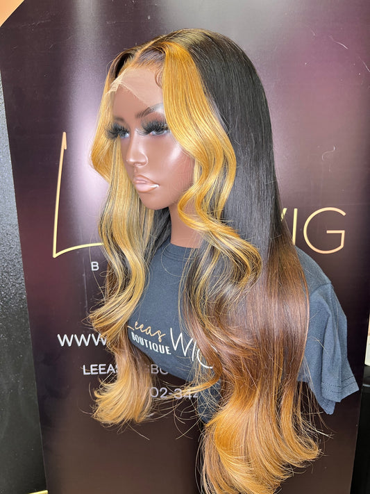 HD LACE FRONTAL WIG BLONDE STRIPE/ CHOCOLATE/BLACK OMBRÉ 22 Inch