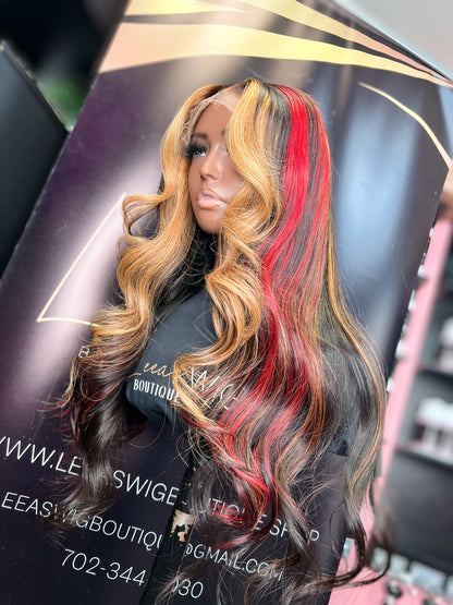 4X4 CLOSURE WIG 24 INCH HIGHLIGHTS RED/ BLONDE/ BLACK STRIPE