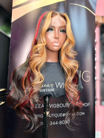 4X4 CLOSURE WIG 24 INCH HIGHLIGHTS RED/ BLONDE/ BLACK STRIPE