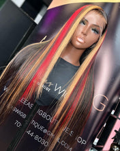 Load image into Gallery viewer, HD 24 INCH HIGHLIGHTS RED/ BLONDE/ BLACK STRIPE FRONTAL LACE WIG
