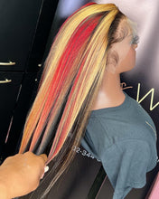 Load image into Gallery viewer, HD 24 INCH HIGHLIGHTS RED/ BLONDE/ BLACK STRIPE FRONTAL LACE WIG
